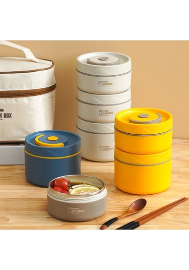 Aubyhe 304 Çelik Isı Saklama Yemek Kutusu Mikrodalga Uygun Katlı Öğrenci Bento Kutusu Beyaz 2 Adet + Isı Saklama Çantası Bej