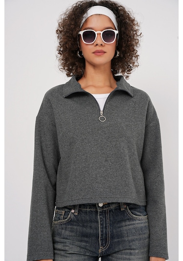 Bigdart 55449 Fermuarlı Yaka Örme Sweatshirt - Antrasit