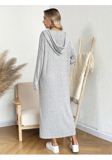 Kadın Uzun Kollu Kapşonlu Bağcıklı Şardonlu Kaşkorse Uzun Elbise Çok Renkli