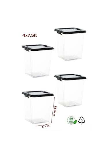 Porsima 4370 4 Lü Mega Boy Hava Geçirmez Deterjan Saklama Kabı Erzak Saklama Kabı Seti Gri 7,5lt Şefaf