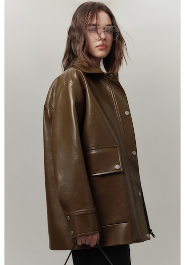 Halsey Dokulu Deri Ceket Yeşil Yeşil