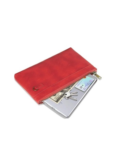 Shidai888 Retro Deri Debriyaj Fermuarlı Zarf Çanta Kırmızı