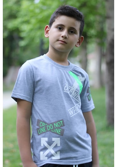 Off White Baskılı %100 Pamuk Gri Erkek Çocuk T-shirt 9-16 Yaş Gri