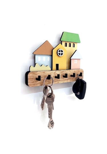 Cajuart Dekoratif Boyutlu Pastel Ton Evler Duvar Dekoru Askılık Anahtarlık