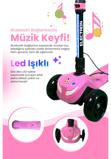 Electron Led Işıklı Hoparlörlü Yükseklik Ayarlı Elektrikli Scooter - 60w Pembe