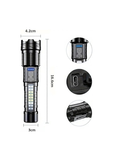 Valkyrie Şarjlı 7 Modlu Ultra Güçlü Led El Feneri Çakarlı Çok Fonksiyonlu Zoom 1500mah Siyah