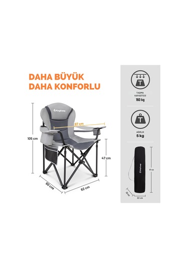 Kingcamp Cedar Deluxe Ultra Bel Destekli Kamp Sandalyesi Grey Gri - Siyah