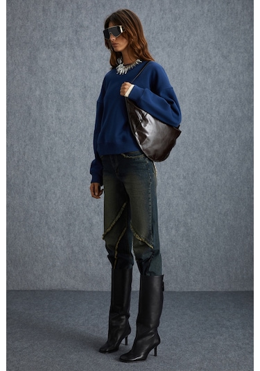 Vaneltına Kadın Içi Polarlı 3 Iplik Organik Pamuk Oversize Basic Bisiklet Yaka Lacivert Sweatshirt