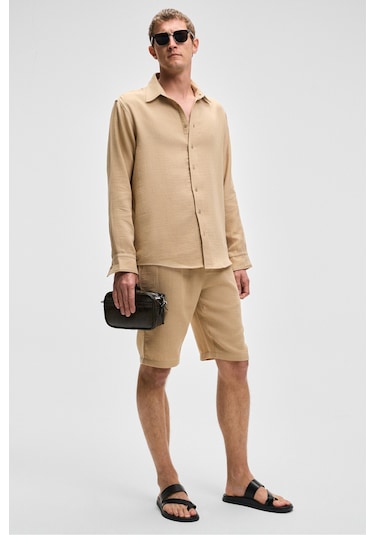 Raımo Erkek %100 Pamuklu Müslin Kumaş Manşetli Uzun Kol Comfort Fit Bej Gömlek