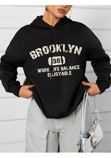 Coke Serisi Letter Graphic Drop Shoulder Drawstring Hoodie-trzksw546 Siyah