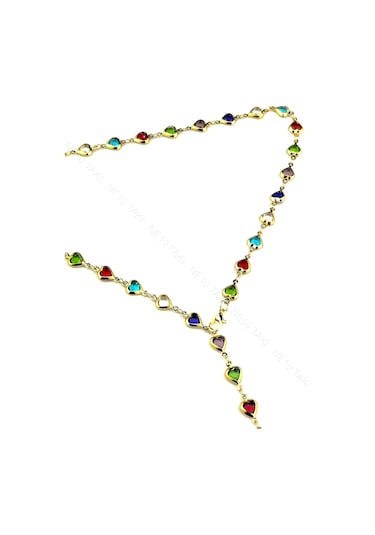 Y Kolye, Taşlı, Çok Renkli, Kalpli, Kolye 432, Kasa Altın Renk altın