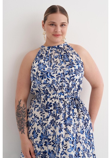 Halter Yaka Kuşaklı Desenli Uzun Elbise-6215 Mavi