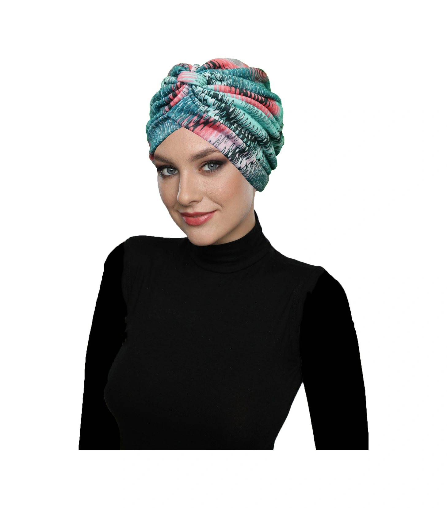 Mavera Model Renkli Desenli Çapraz Ve Bant Detaylı Astarlı Hazır Türban Tesettür Havuz Bonesi Yeşil