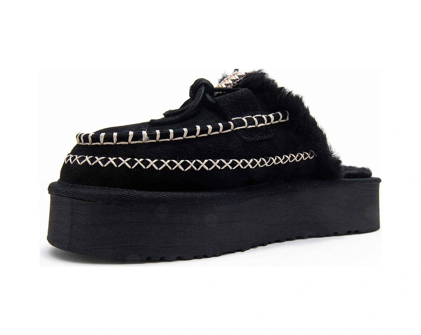 Yalına Siyah Süet Hakiki Deri Dikişli Kürklü Kadın Platform Tabanlı Makosen Terlik Siyah