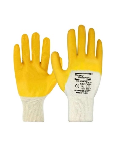 İşçi Eldiveni L No:9 Polyester Örme Nitril Eldiven Sarı-beyaz 7 Adet
