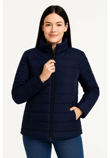 Kadın Bomber Mont Ceket - Su İtici Kumaş, Kapitone Astarlı, Fermuarlı, Kışlık - Lacivert Çok Renkli