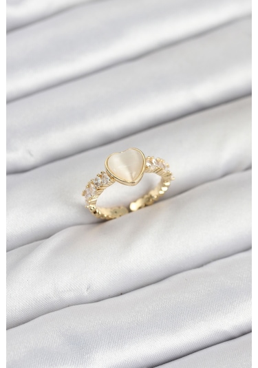 Pirinç Gold Renk Zirkon Taşlı Kalpli Kadın Yüzük Renkli