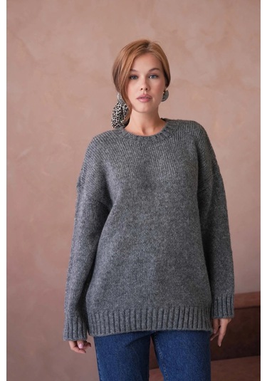 Kadın Bisiklet Yaka Yumuşak Dokulu Oversize Triko Kazak 3032 Antrasit