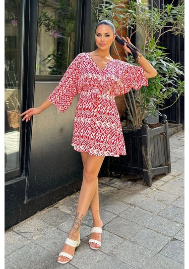 Kadın Kırmızı Etnik Desenli Viskon, Yarasa Kol, Kruvaze Mini Kimono - Kloş Kısa Elbise Kırmızı