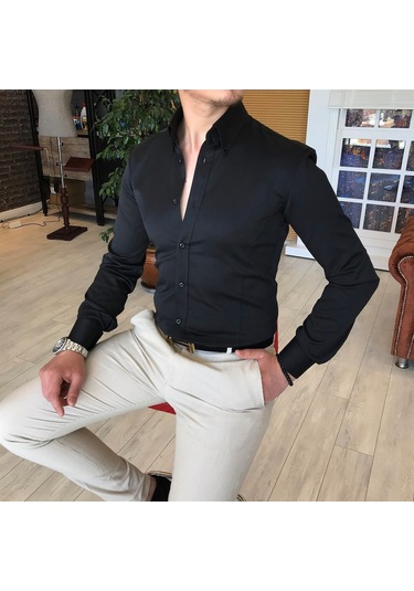Italyan Stil Slim Fit Dik Yaka Saten Erkek Gömlek Siyah T4739