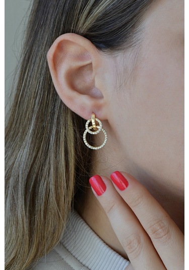 Altın Kaplamalı 925 Ayar Gümüş Tasarım Hareketli Halkalar Küpe - 12104602 Altın