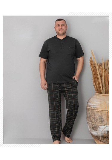 Pijamoni Erkek Battal Düğme Yaka Penye Kısa Kol Pijama Takımı 6730/4 - 1 Adet Siyah