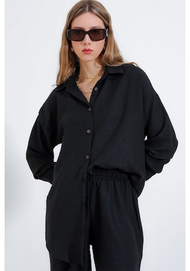 Kadın Siyah Oversize Keten Alt Üst Takım 6622 6622bgd19-001-14413 001