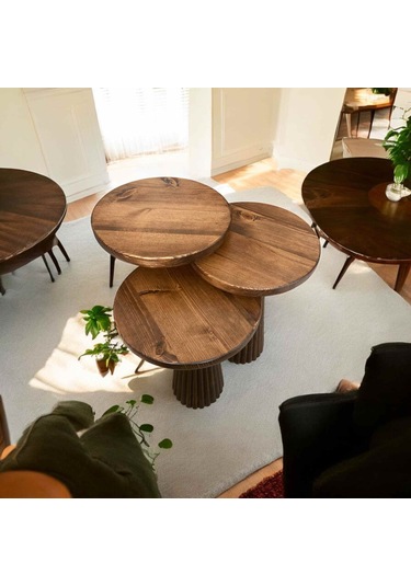 Masif Ahşap Mantar Sehpa Seti 3 Lü Ceviz Renk Doğal Zigon