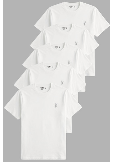 Genius Store Erkek 5'li Tişört %100 Pamuk Süprem Rahat Kalıp Basic Tişört Bisiklet Yaka Nakışlı T-shirt Erkek-5li Beyaz-beyaz-beyaz-beyaz-beyaz
