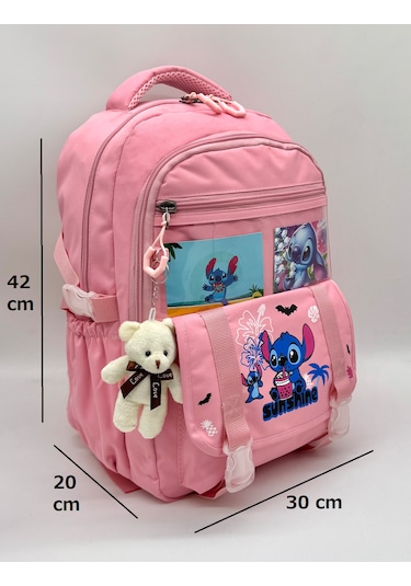 Stitch Desen Aksesuarlı Kore Tarzı Termal Beslenmeli Ve Kalemlikli Kız Çocuk Okul Sırt Çantası Seti Pembe