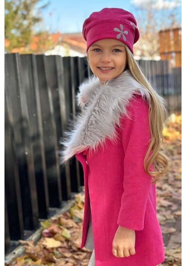 Riccotarz Kız Çocuk Yakası Kürk Ve Yonca Detaylı Etekli Fuşya Kaşe Fuşya