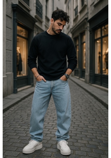 Baggy Buz Mavi Renk Rahat Kesim Erkek Jeans Pantolon-1794 Buz Mavisi