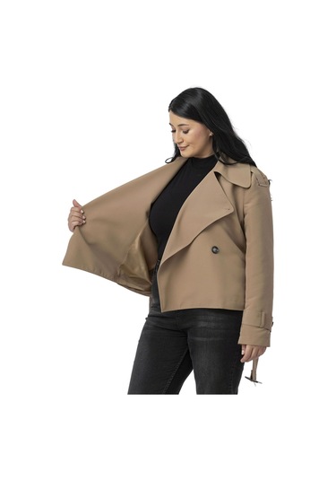 Büyük Beden Mono Yaka Kemerli Astarlı Kısa Vizon Trençkot Vizon