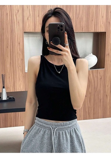 Havuz Yaka Omuzu Açık Askılı Siyah Renk Fitilli Crop Top Bluz