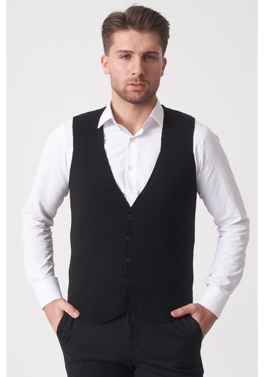 White Stone Campinas 202438 Slim Fit Pamuklu Yelek Triko Siyah Siyah