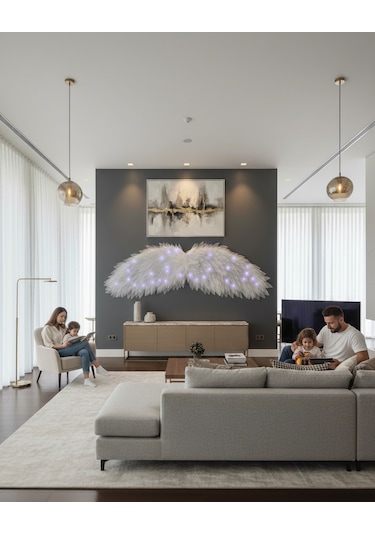 Beyaz Led Işıklı Melek Kanadı Duvar Dekoru Lüks Tasarım Aydınlatma Aksesuarı
