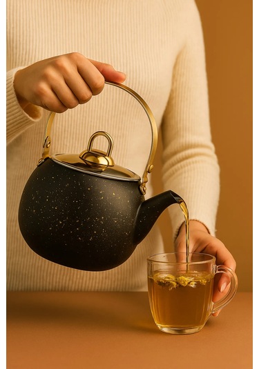Yunusoğlu Home 1 Litre Gold Kulplu Siyah Granit Bitki Çay Demliği