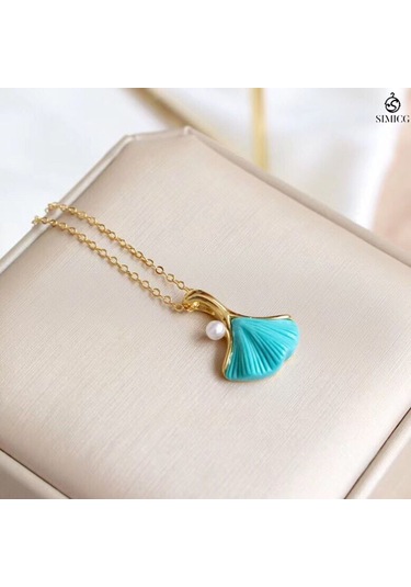 Ginkgo Yaprağı İşlemeli Turkuaz Altın Kaplama İnci Köprücük Kemiği Kolye Altın