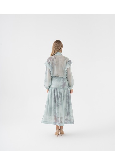 Fırfır Detaylı Transparan Çiçek Desenli Bağlama Yakalı Takım Yeşil