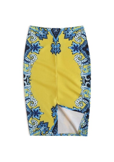 Mavi&sarı Yaz Baskı Zarif Kalem Etek Kadın Yüksek Bel Diz Boyu Etek Kadın Mavi - Sarı