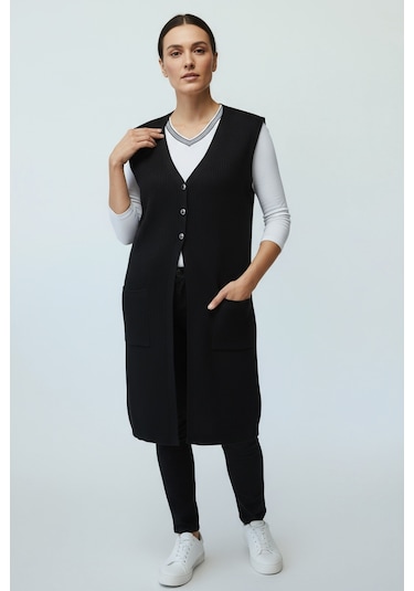 Kadın Önü 3 Düğmeli Üstten Cepli Uzun Yelek Siyah