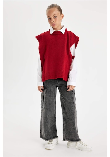 DeFacto Kız Çocuk Kırmızı Bisiklet Yaka Basic Düz Triko Süveter C9660A824WNRD63 Kırmızı