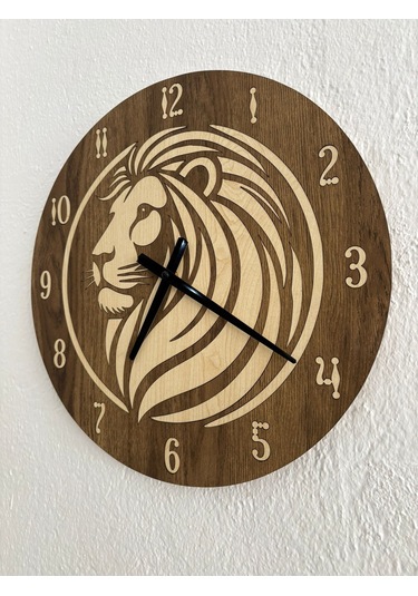 Safari Serisi - Aslan - Ahşap Duvar Saati - 40 Cm Ahşap