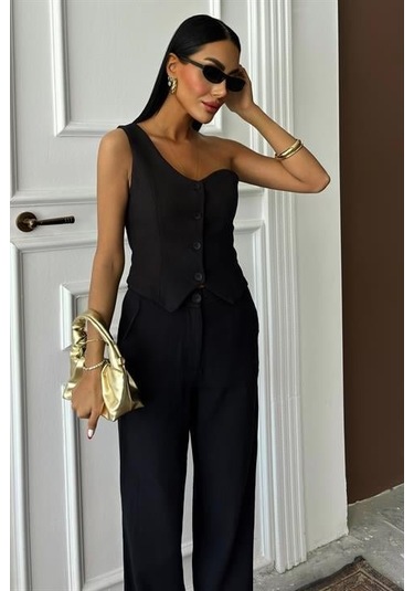 Tek Omuz Büstiyer Plazzo Pantolon Viscon Takım 10159 Si Yah