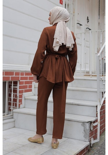 Taş Düğme Detaylı Takım Kahverengi Kahverengi