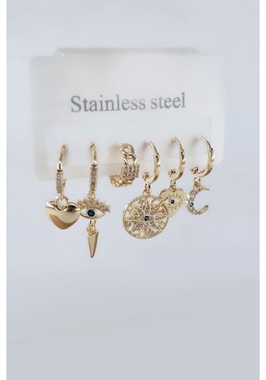 Kadın Vip Seri Antialerjik Zirkon Taşlı 6'lı Küpe-5308 Altın