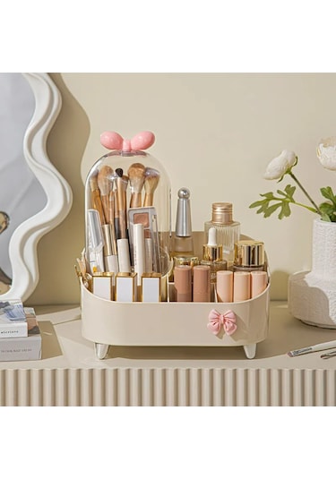 Kapaklı Makyaj Organizeri Toz Korumalı Kozmetik Ve Fırça Düzenleyici Bej