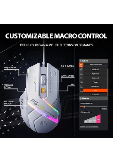 Inphic Pg1 Rgb Işık Yayan Bilgisayar Oyun Kablolu Faresi Beyaz Diğer