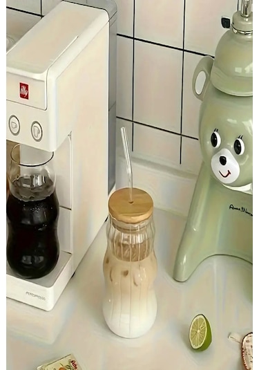 Bardak Kahve Kokteyl Sunum Bardağı 400ml 2li Sukabağı Latte Bardak Bambu Kapaklı İskandinav Cam Bambu