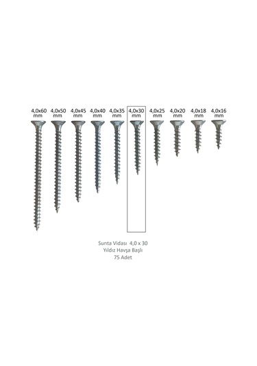 Sunta Vidası, 4,0 X 30 Mm, 75 Adet, Yhb Vida 4 x 30